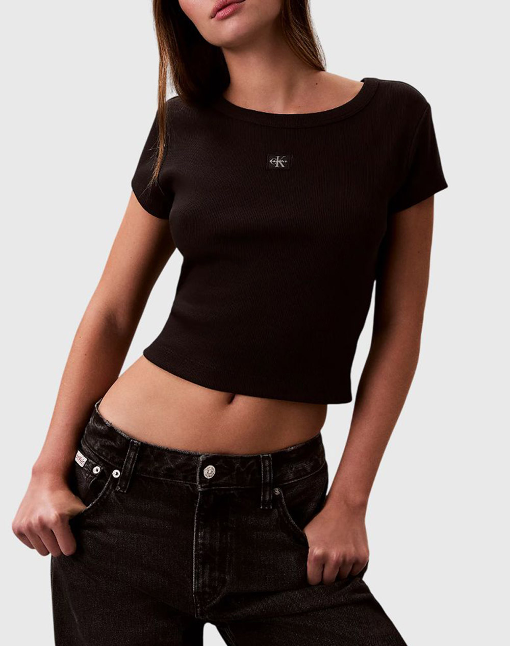 CALVIN KLEIN JEANS A- WOVEN LABEL 2X2 RIB BABY TEE LV047C200G-UB1 Black