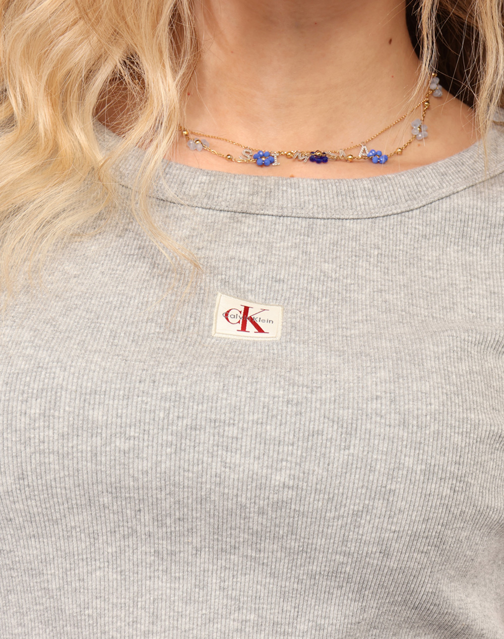 Calvin Klein Jeans A- Woven Label 2X2 Rib Baby Tee Lv047C200G-P79 Lightgray Γυναικεία ρούχα μπλούζες Τ-Shirt Politikos Shop Πολιτικός