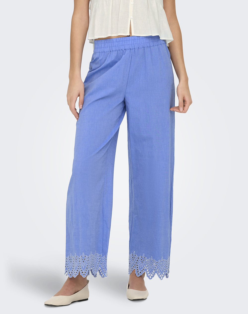 ONLY ONLPAULA TULUM EMB PULL-UP PANT NOOS WVN 15343184-Blue BonnetBRIGHTWHITEEMB Blue