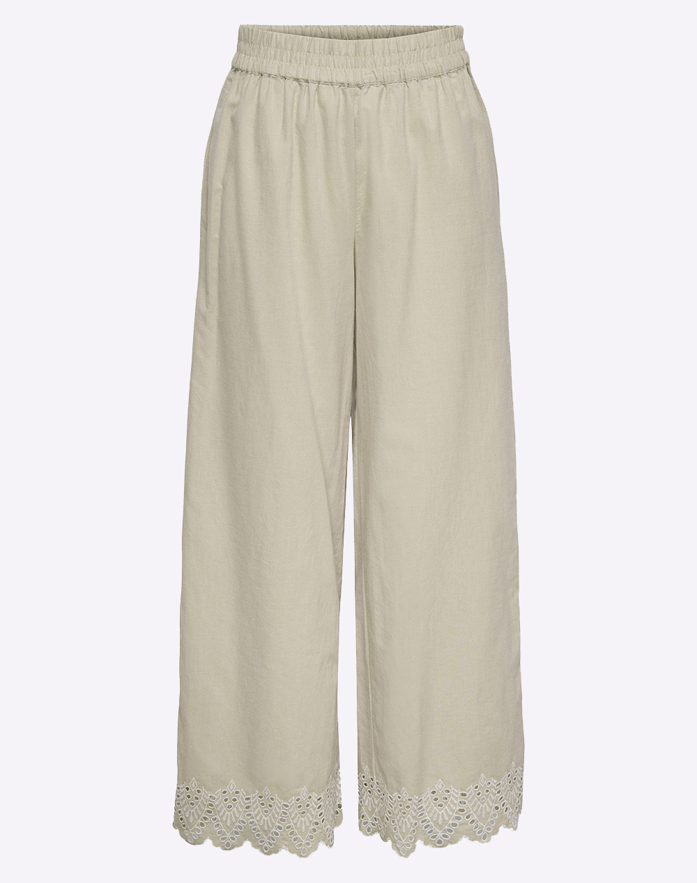 ONLY ONLPAULA TULUM EMB PULL-UP PANT NOOS WVN 15343184-Olive GrayBRIGHTWHITEEMB Cream