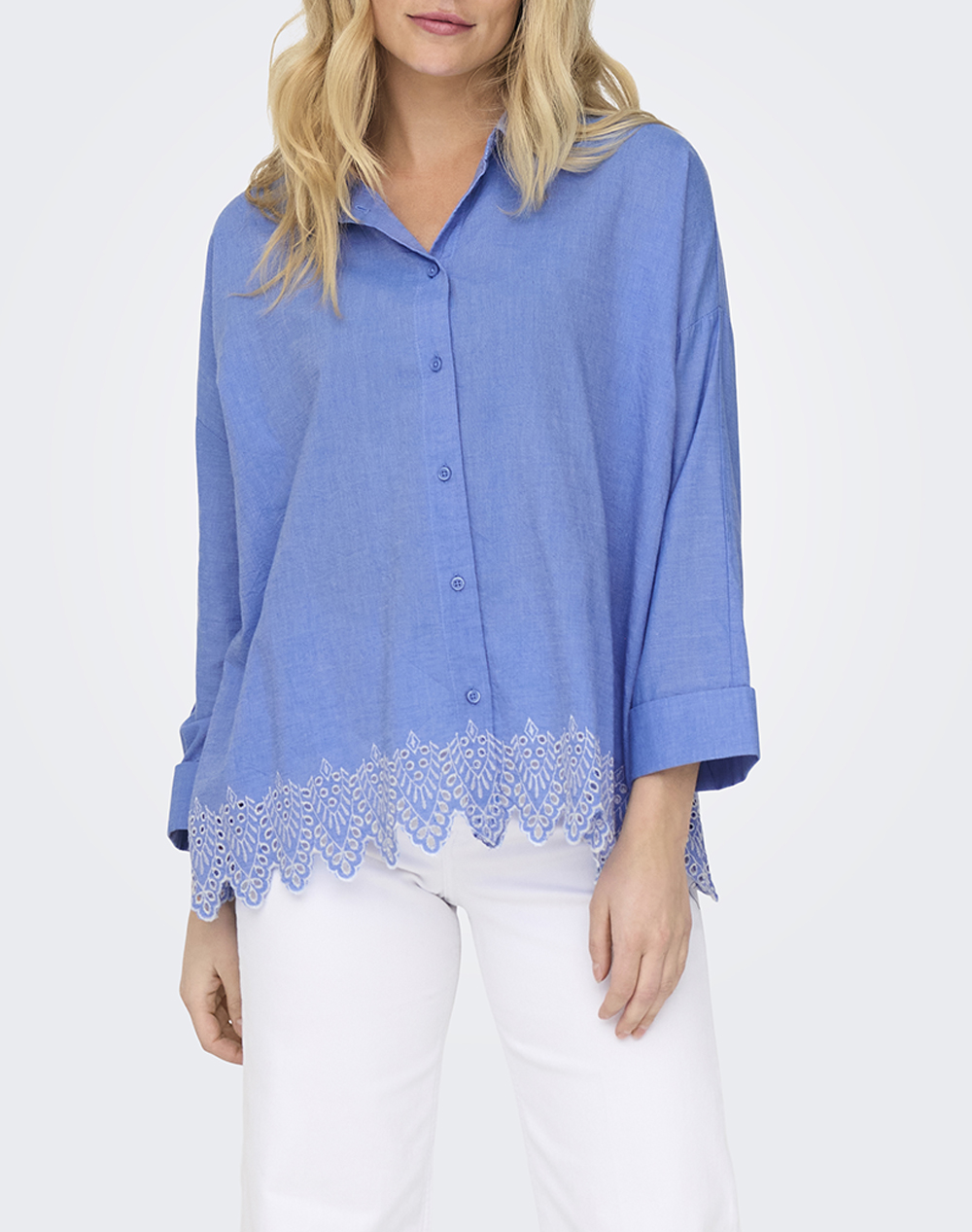 ONLY ONLGRACES TULUM LS EMB SHIRT NOOS WVN 15343165-Blue BonnetBRIGHTWHITEEMB Blue