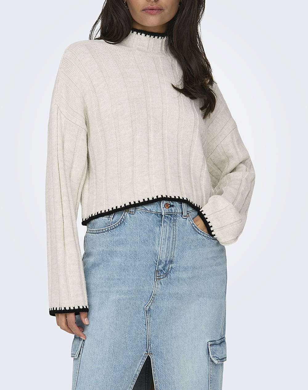 ONLY ONLCHICK STITCH LS HIGHNECK KNT NOOS 15329963-Pumice StoneW. Black Ecru