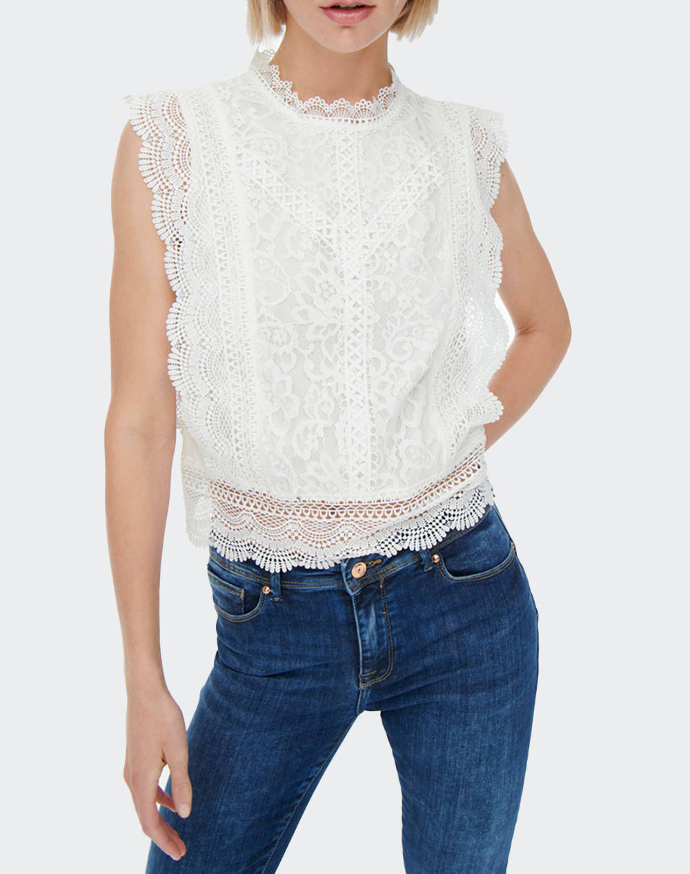 Only Onlkaro S L Lace Top Noos Wvn 15204604-Cloud Dancer Cream Γυναικεία ρούχα μπλούζες Τοπ Κορμακια Politikos Shop Πολιτικός