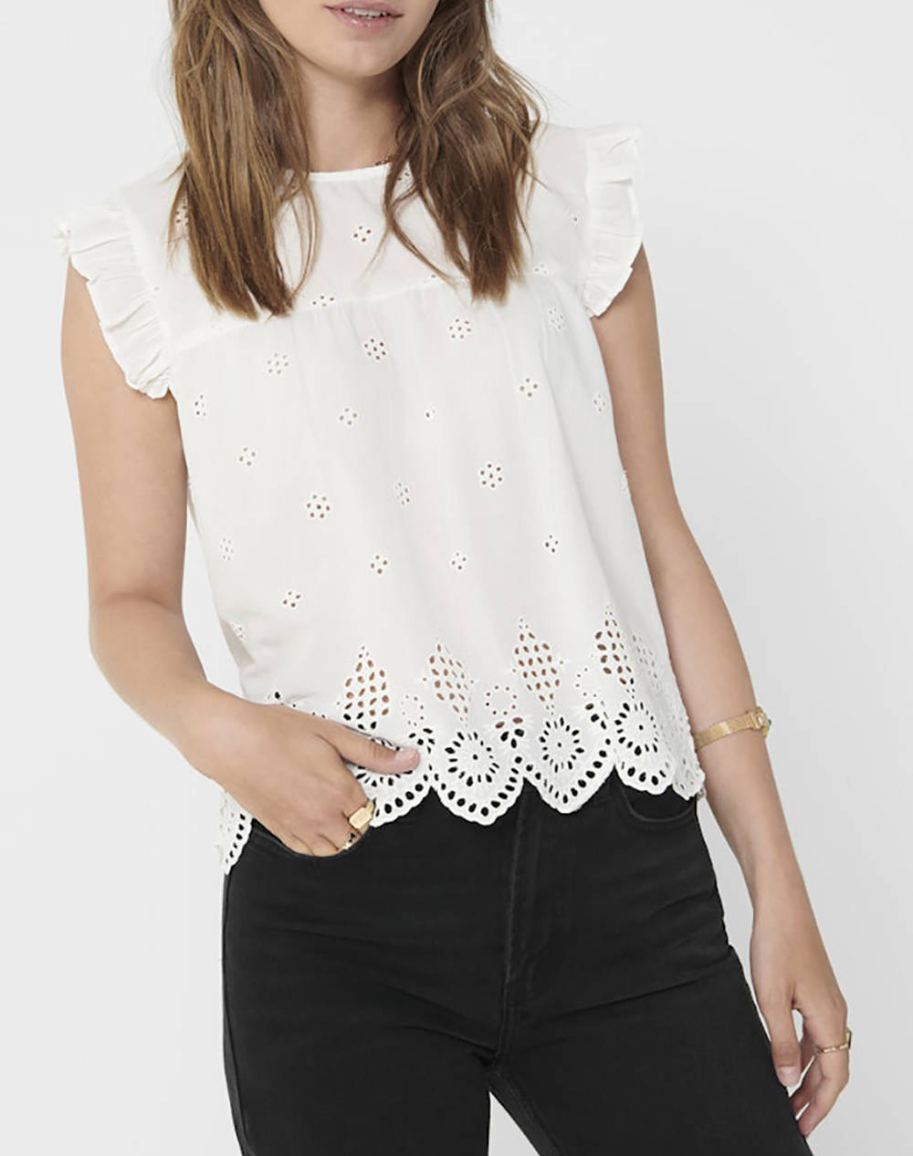 Only Onlsilla Life S L Frill Top Wvn Noos 15213398-Cloud Dancer White Γυναικεία ρούχα μπλούζες Τοπ Κορμακια Politikos Shop Πολιτικός