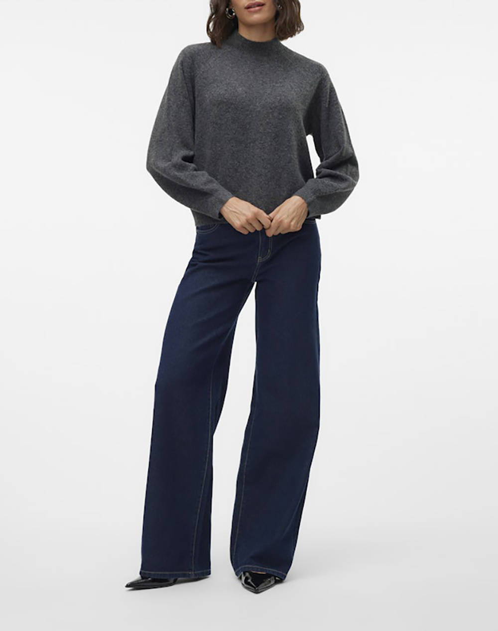 Vero Moda Vmleaf Ls High Neck Pullover Noos 10309433-Dark Grey Melange Darkslategrey Γυναικεία ρούχα μπλούζες Πλεκτά Politikos Shop Πολιτικός