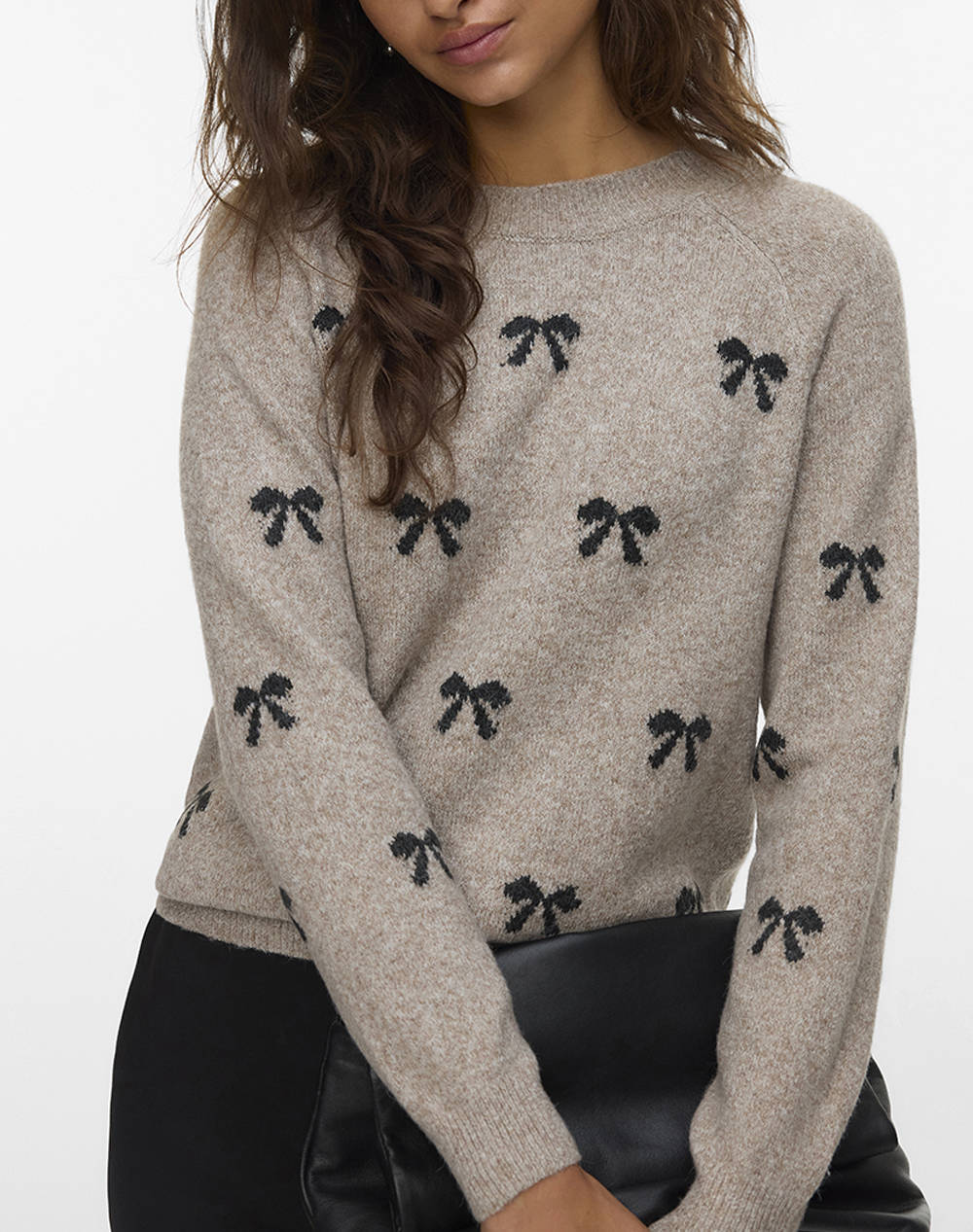 VERO MODA VMDOFFY INTARSIA LS O-NCK PULLOV GA NOOS 10330790-Moon RockW.BLACKBOWS SandyBrown