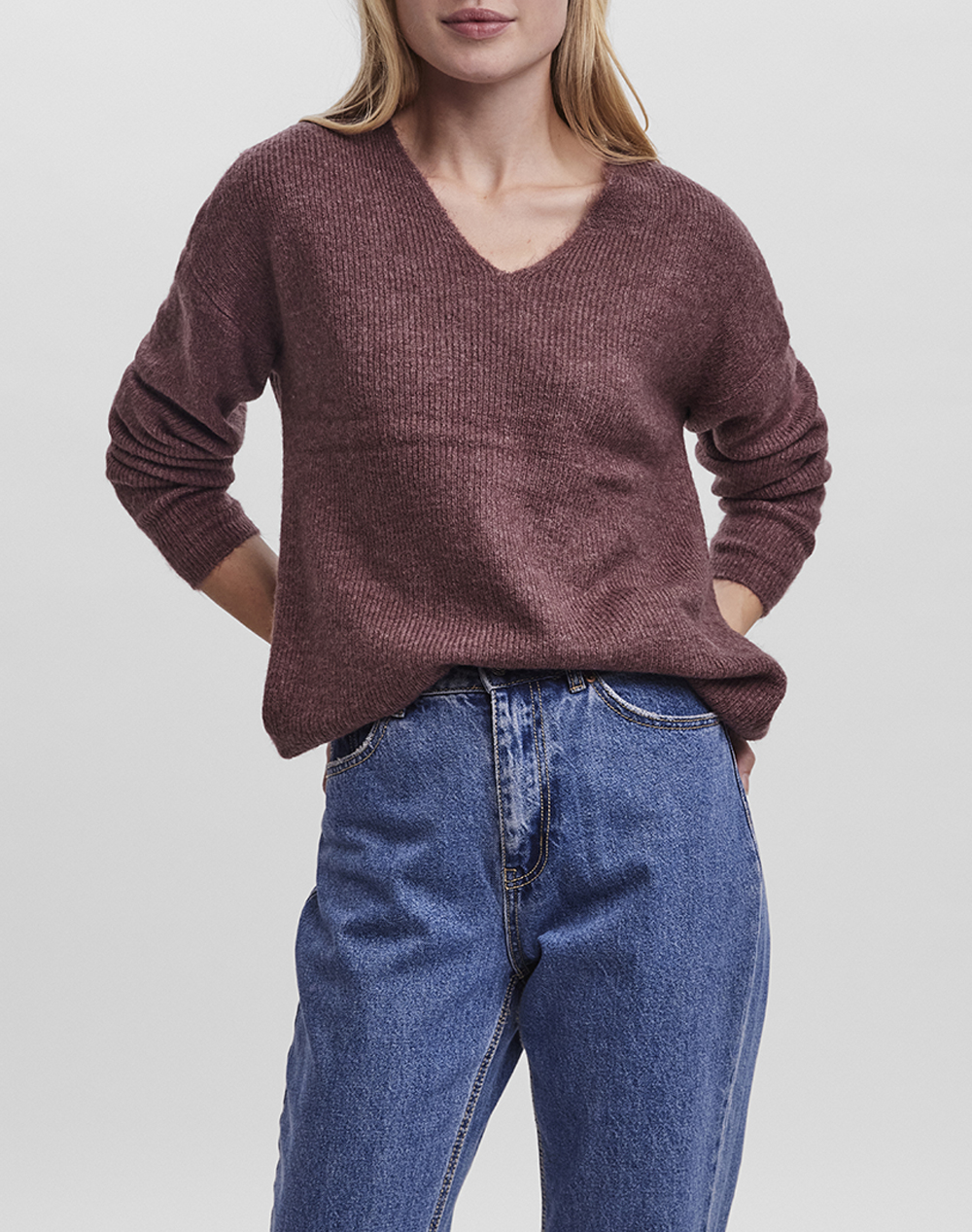 VERO MODA VMCREWLEFILE LS V-NECK BLOUSE NOOS 10233357-Rose BrownMELANGE DarkRed