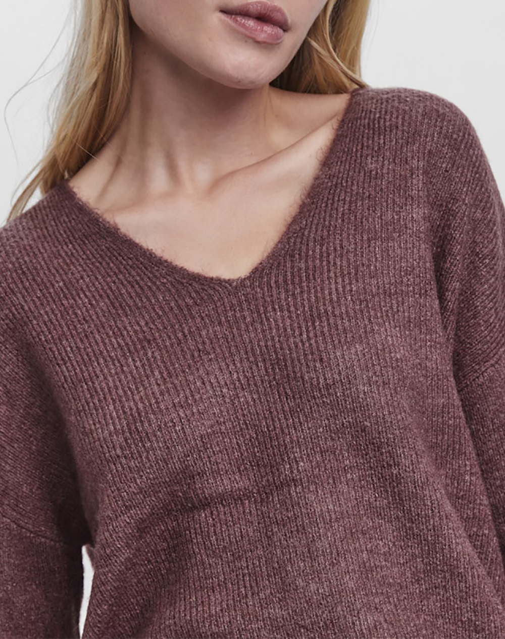 Vero Moda Vmcrewlefile Ls V-Neck Blouse Noos 10233357-Rose Brownmelange Darkred Γυναικεία ρούχα μπλούζες Πλεκτά Politikos Shop Πολιτικός
