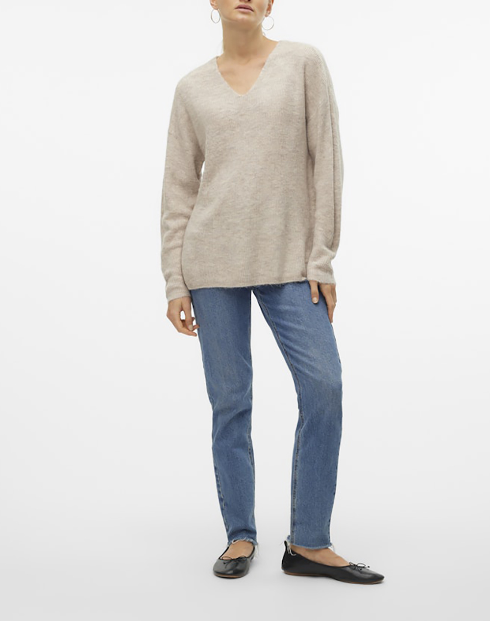 Vero Moda Vmcrewlefile Ls V-Neck Blouse Noos 10233357-Birchw Silver Sconce Nomad Melange Sandybrown Γυναικεία ρούχα μπλούζες Πλεκτά Politikos Shop 