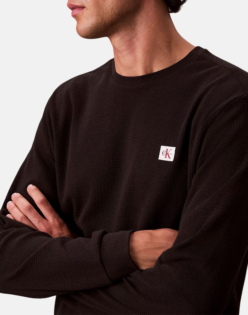Calvin Klein Jeans Ls Waffle Badge Crewnk Tee Lv040Em217-Ub1 Black ανδρικά ρούχα μπλούζες T-Shirt Politikos Shop Πολιτικός