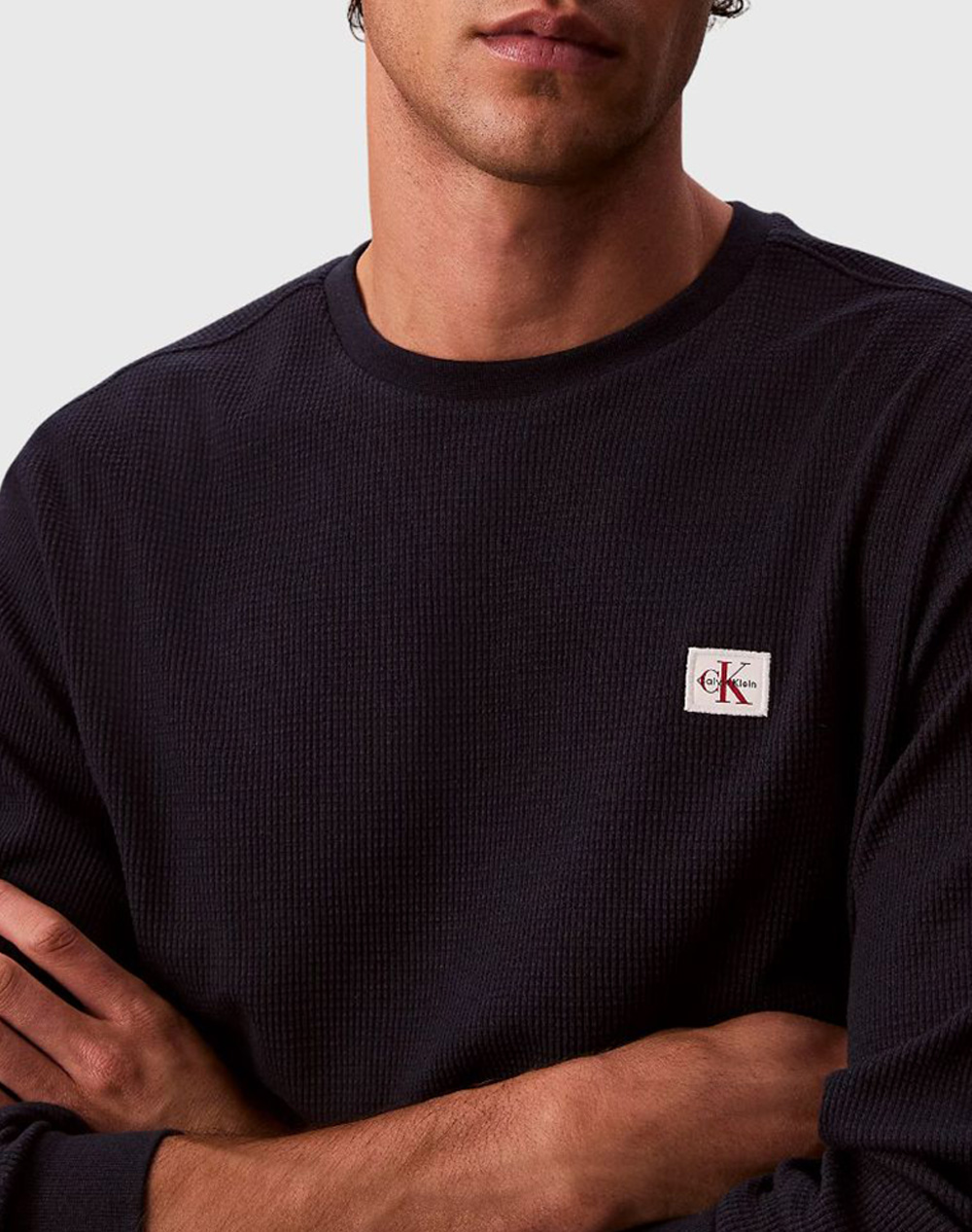 Calvin Klein Jeans Ls Waffle Badge Crewnk Tee Lv040Em217-Cef Darkblue ανδρικά ρούχα μπλούζες T-Shirt Politikos Shop Πολιτικός