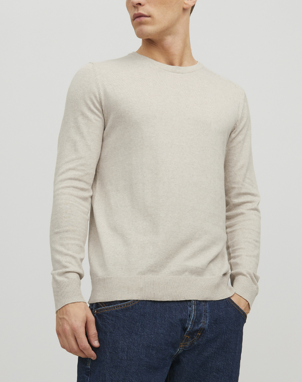 JACK&JONES JJEEMIL KNIT CREW NECK NOOS 12208364-OatmealMelange Cream