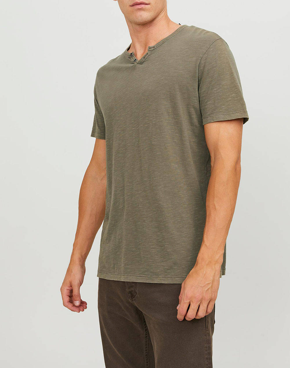 JACK&JONES JJESPLIT NECK TEE 12164972-Dusky Greenslim Olive