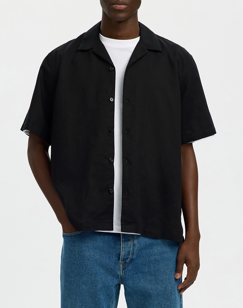 SELECTED SLMRLXCASPER CLAY LINENBLEND SS SHT NOOS 16100085-BLACK Black