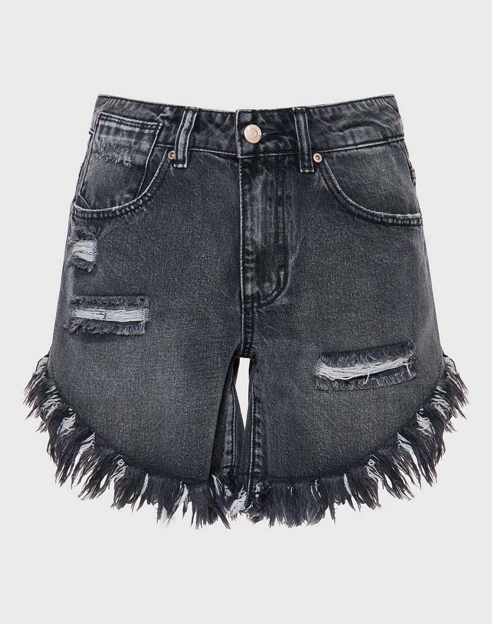 High-rise denim shorts with destroyed effects