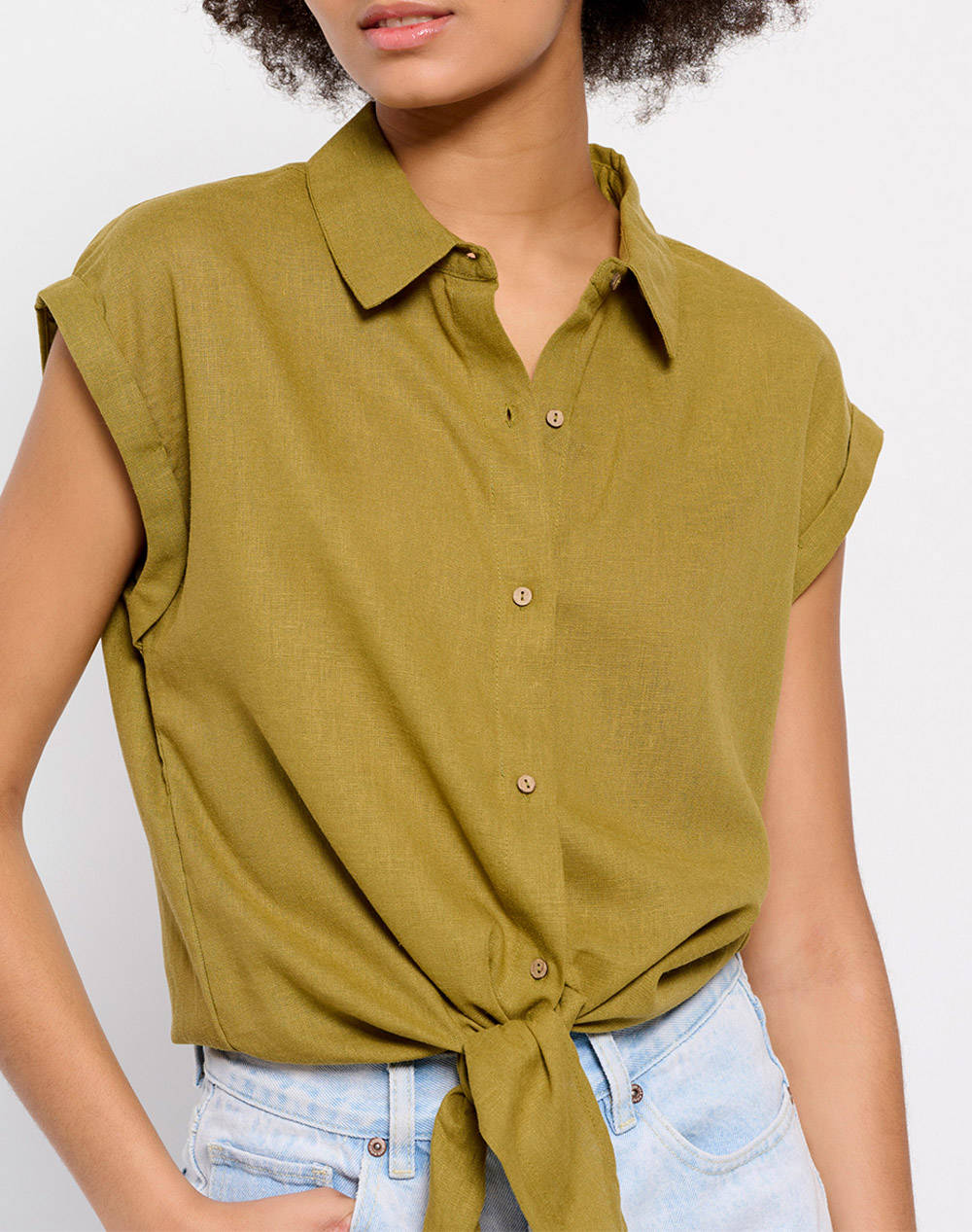 FUNKY BUDDHA Cropped λινό πουκάμισο με βισκόζη FBL007-115-05-OLIVE Olive