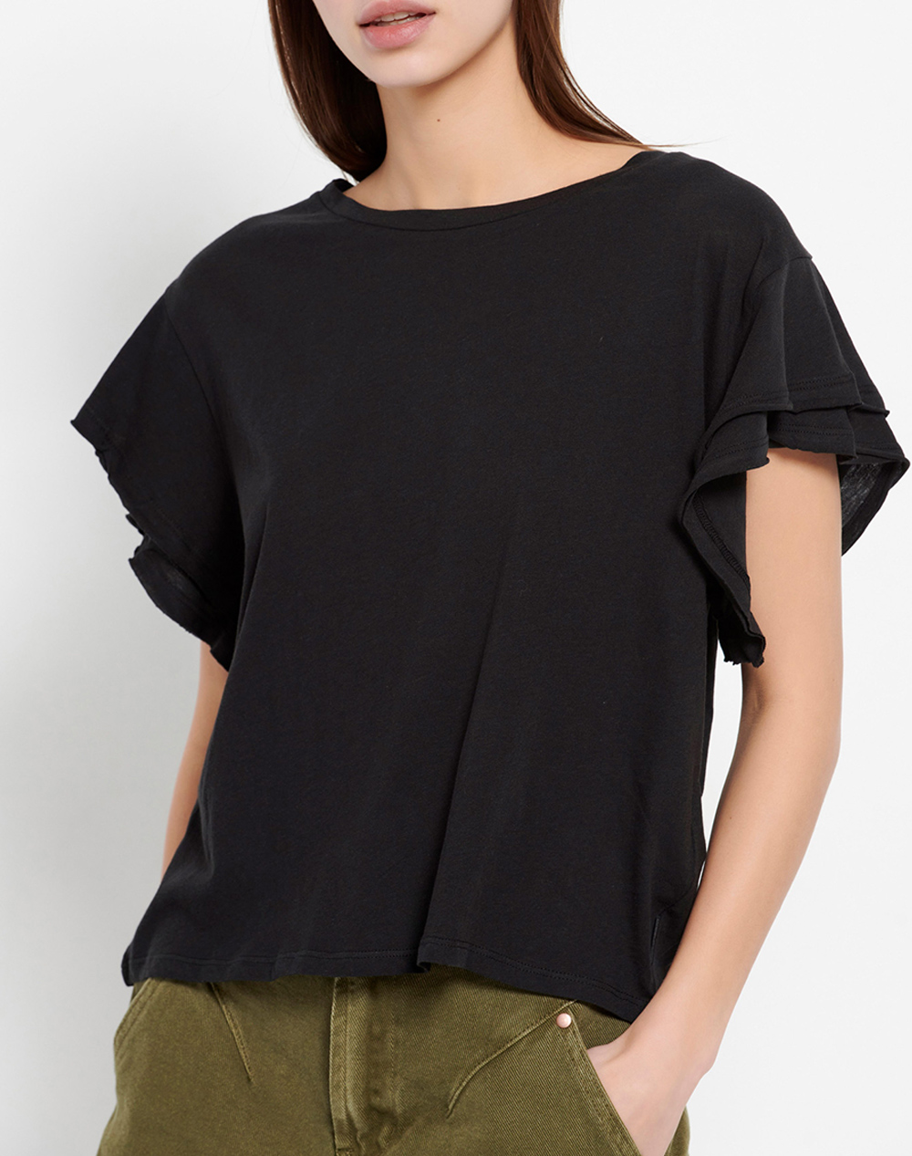 FUNKY BUDDHA Γυναικείο t-shirt με βολάν στο μανίκι FBL007-103-04-BLACK Black