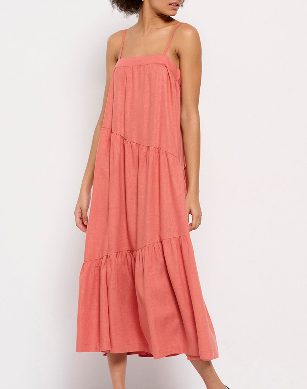 FUNKY BUDDHA Λινό μίντι φόρεμα με βισκόζη FBL007-132-13-APRICOT FlamingoPink 3610PFUNK4200097_XR22682