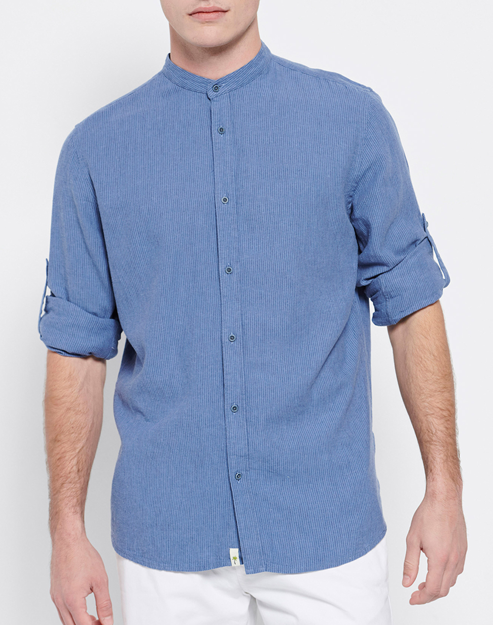 FUNKY BUDDHA Linen blend πουκάμισο με μάο λαιμό FBM007-076-05-INDIGO Indigo