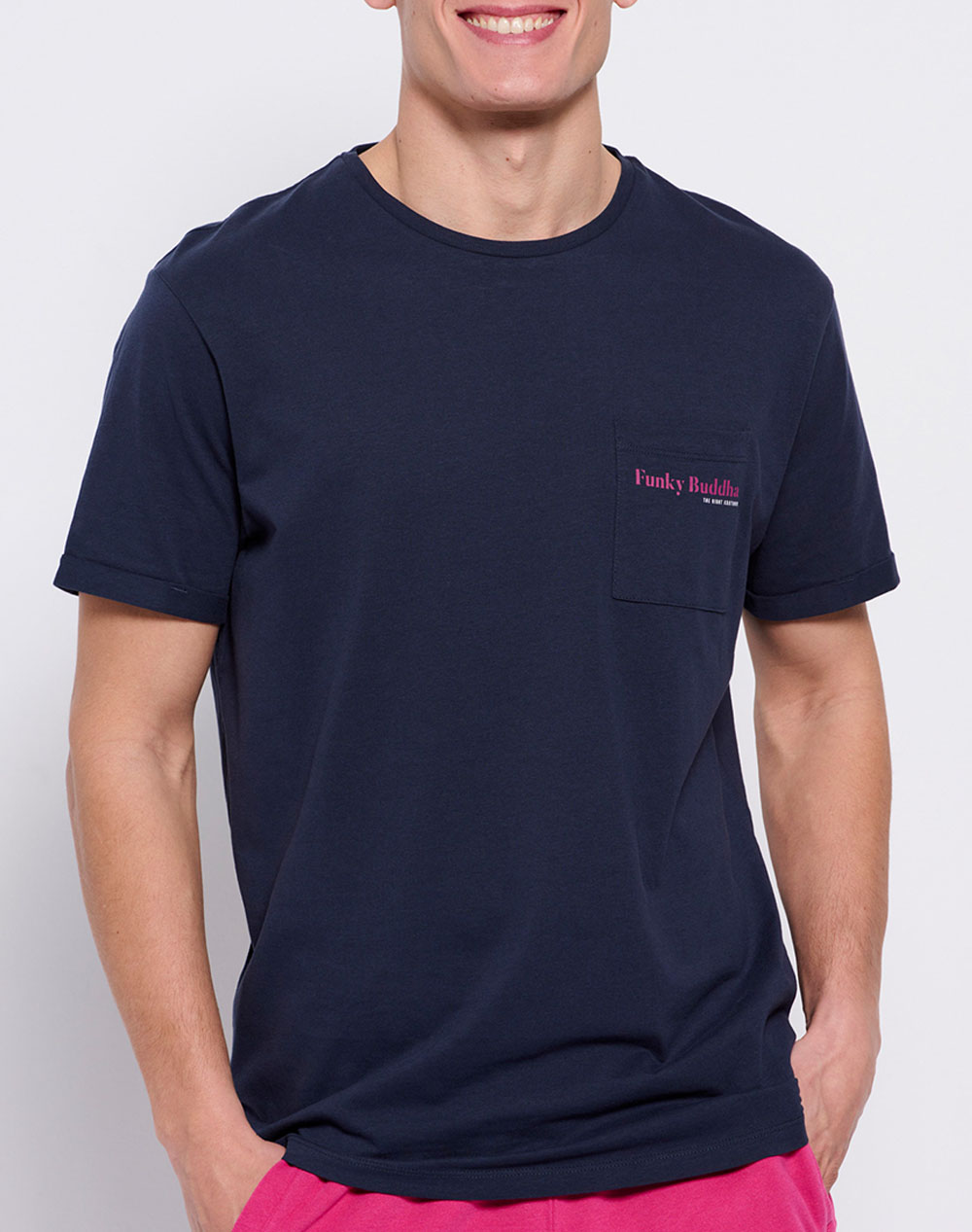 FUNKY BUDDHA Βαμβακερό t-shirt με τσέπη στο στήθος FBM007-011-04-NAVY NavyBlue