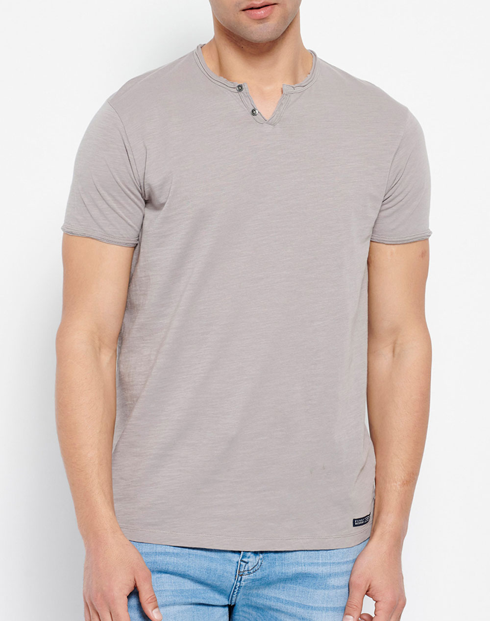 FUNKY BUDDHA Essential t-shirt με λαιμό henley FBM007-015-04-ZINC Gray