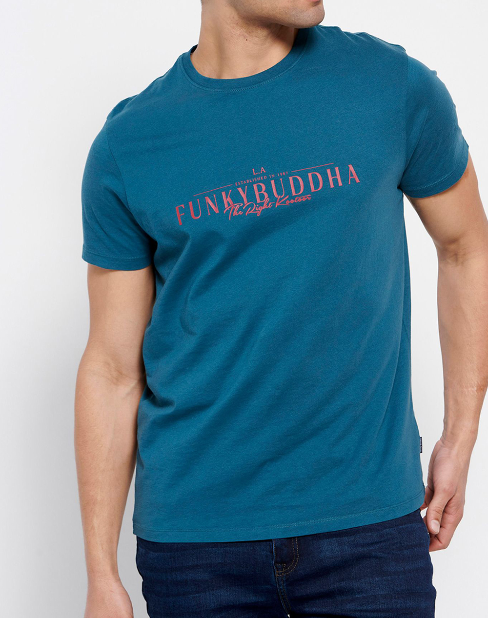 FUNKY BUDDHA Βαμβακερό t-shirt με Funky Buddha τύπωμα FBM007-023-04-DEEP Petrol