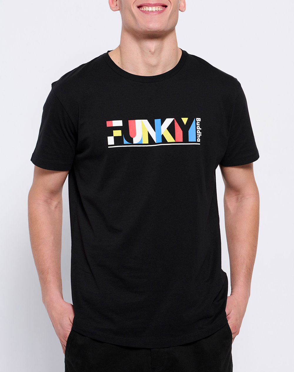 FUNKY BUDDHA Loose fit t-shirt με colorblock branded τύπωμα FBM007-024-04-BLACK Black