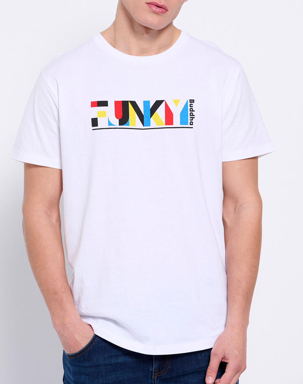 FUNKY BUDDHA Loose fit t-shirt με colorblock branded τύπωμα FBM007-024-04-WHITE White