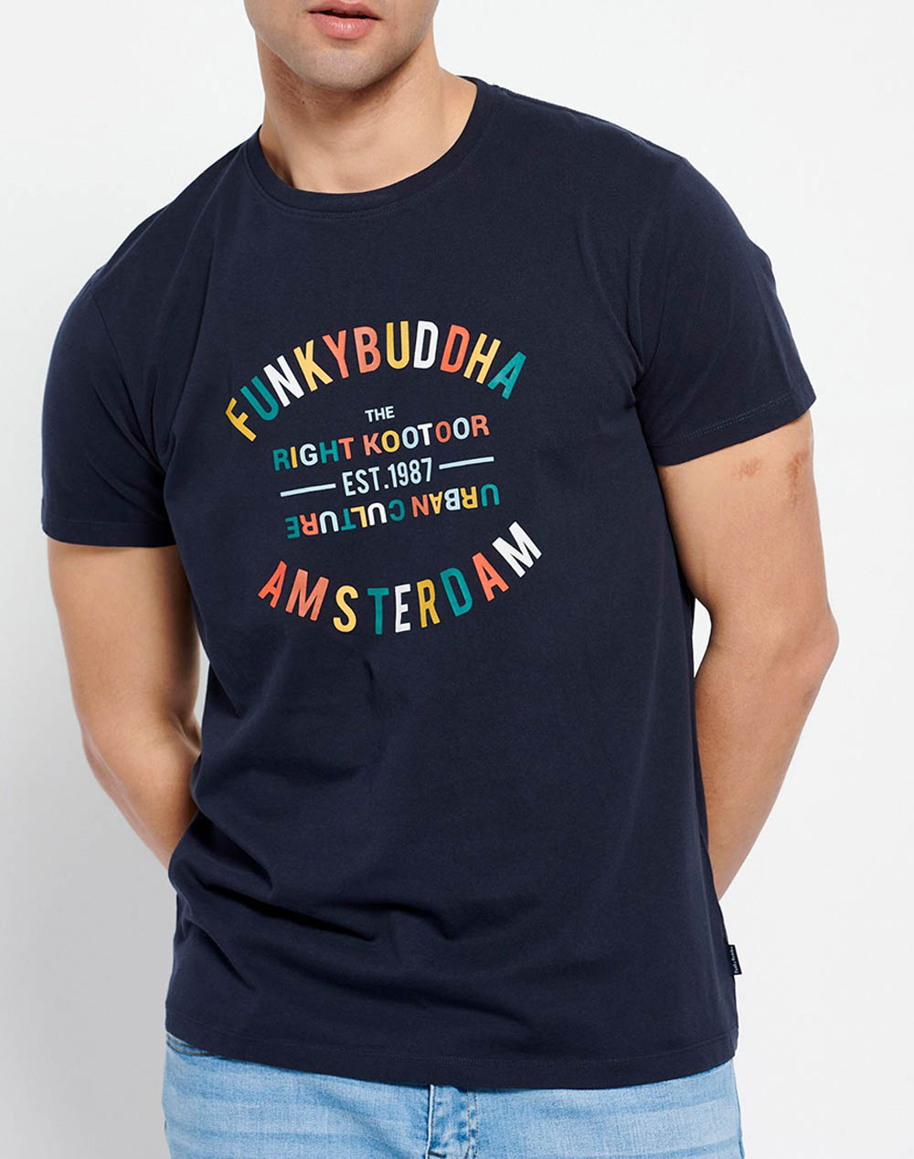 FUNKY BUDDHA T-shirt με multicolor τύπωμα κειμένου FBM007-035-04-NAVY DarkBlue