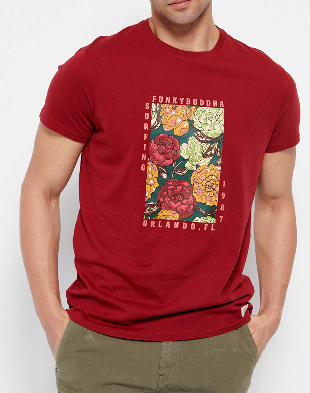 FUNKY BUDDHA T-shirt με φλοράλ frame τύπωμα FBM007-051-04-DEEP Red