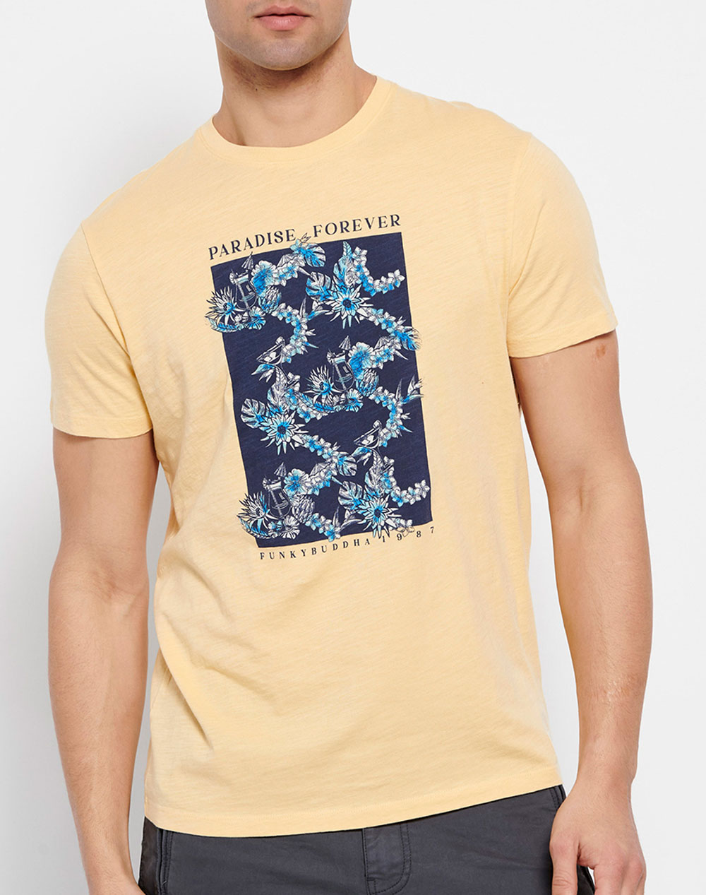 FUNKY BUDDHA T-shirt με φλοράλ frame τύπωμα FBM007-340-04-VANILLA LightYellow