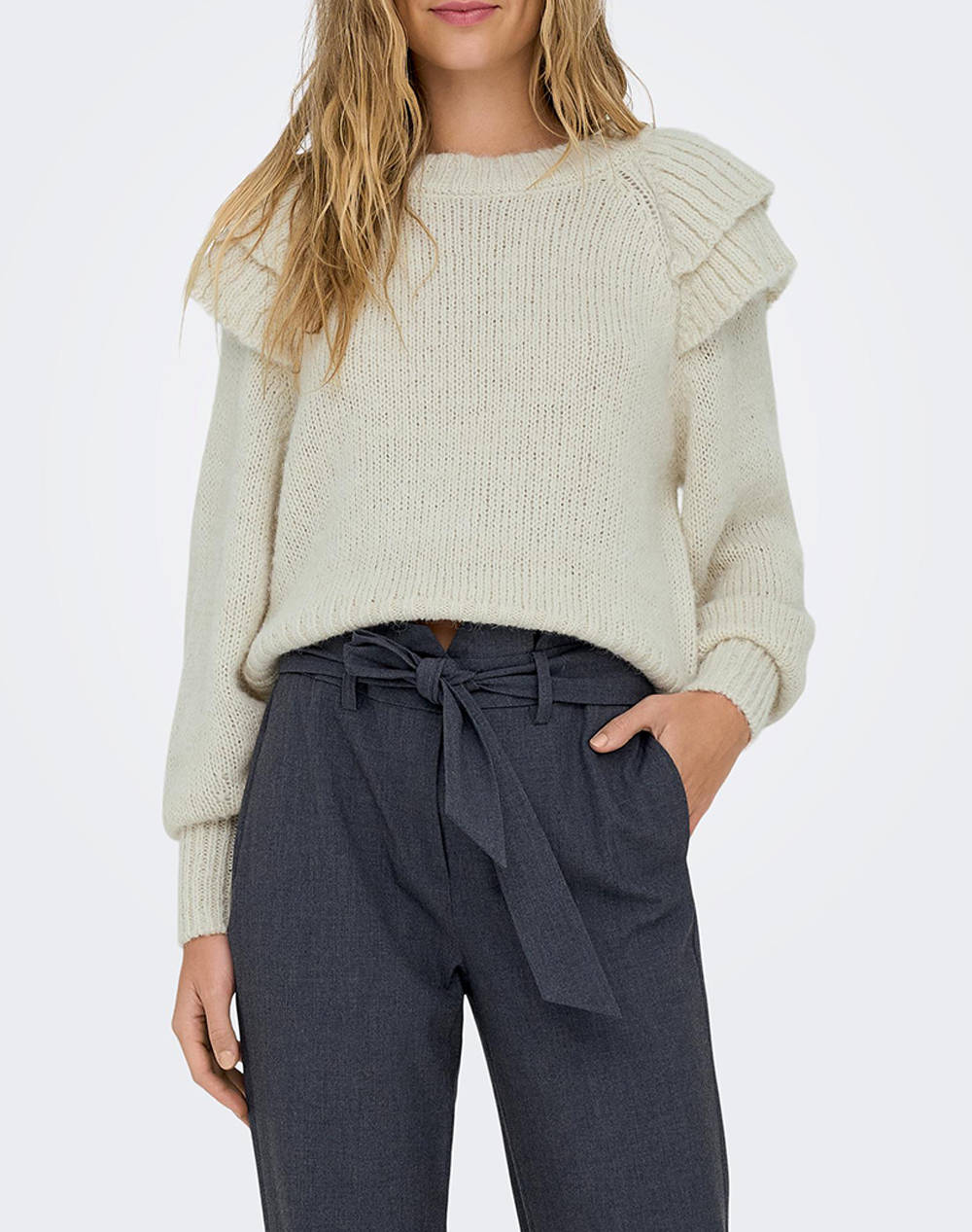 ONLY ONLALICIA RUFFLE KNT 15306941-Birch Ecru