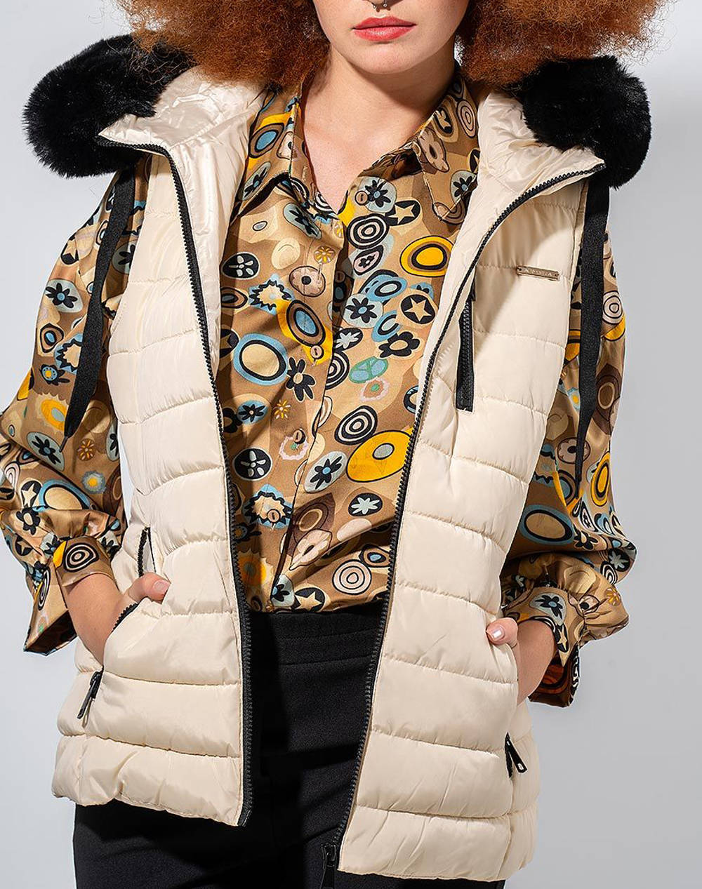 MAKI PHILOSOPHY Μπουφαν κοντο αμανικο με κουκουλα 1232-1331002-ΕΚΡΟΥ Ecru