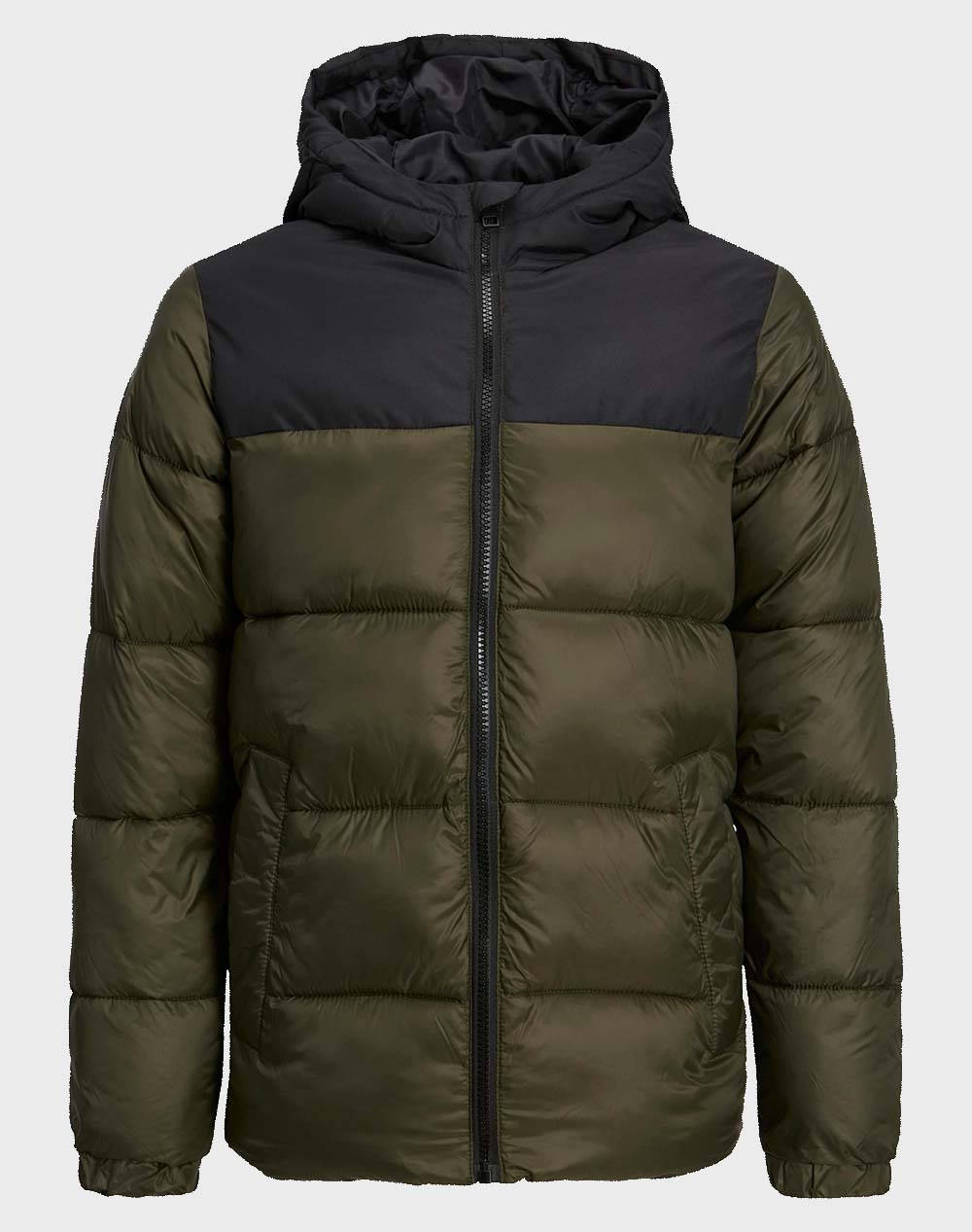 JACK&JONES JJETOBY PUFFER HOOD SN JNR 12236884-RosinBLACK BLOCKING Olive
