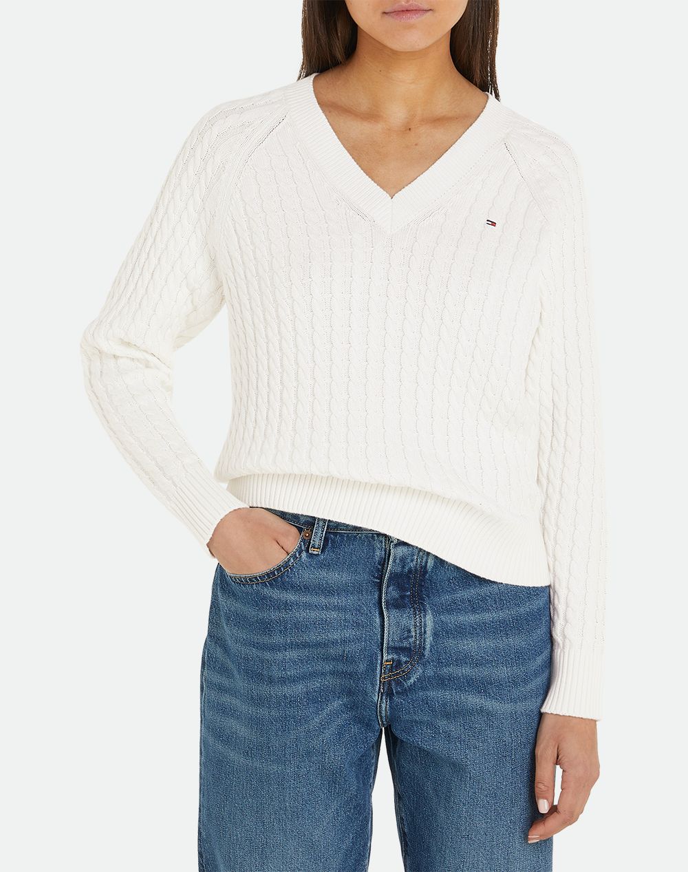 TOMMY HILFIGER CO CABLE V-NK SWEATER WW0WW40674-YBL OffWhite