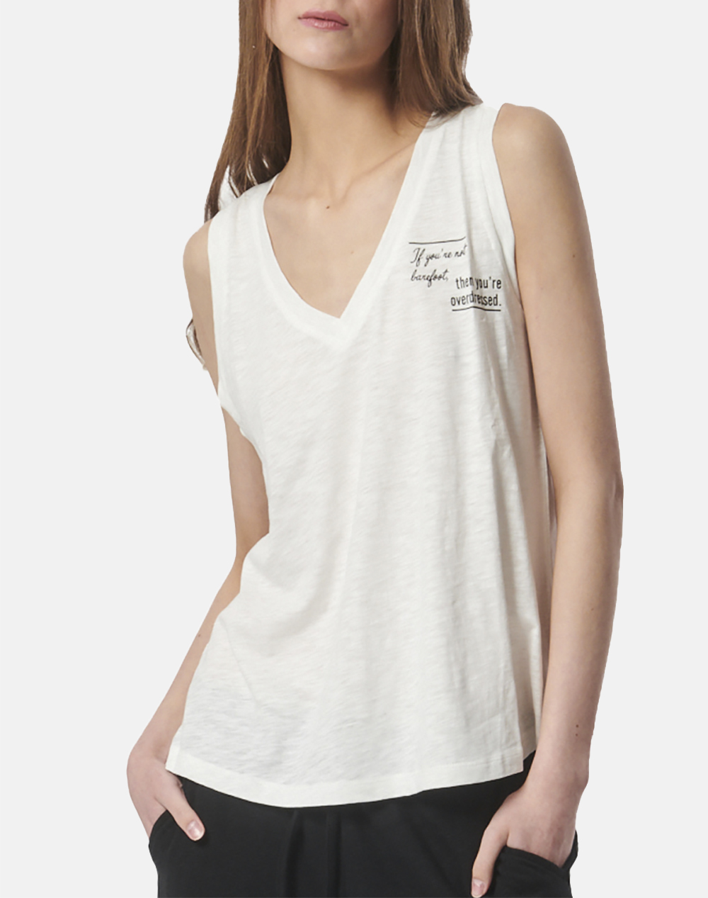 BODY ACTION WOMEN”S TEXTURED V-NECK TANK TOP 041421-01-OFF WHITE OffWhite