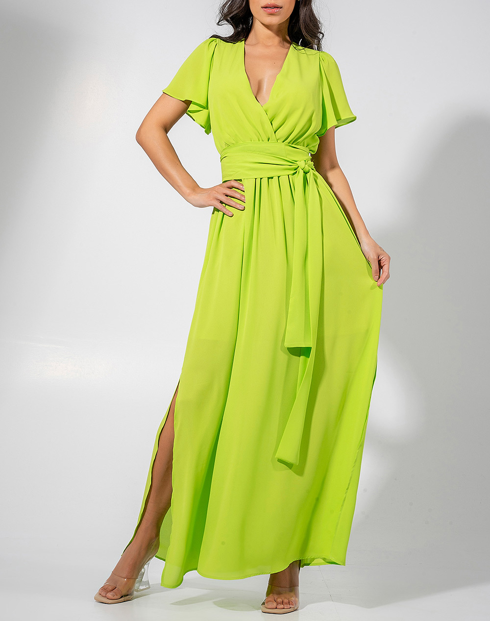MAKI PHILOSOPHY Φόρεμα ζορζέτα κρουαζέ με μανίκι 3231-2404006-ΛΑΙΜ Lime