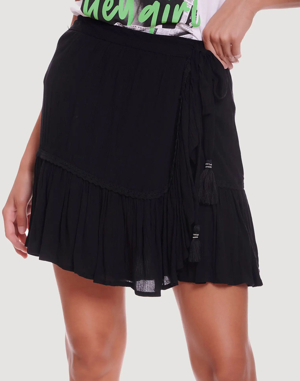 FUNKY BUDDHA Μίνι κρουαζέ φούστα με βολάν FBL009-112-14-BLACK Black