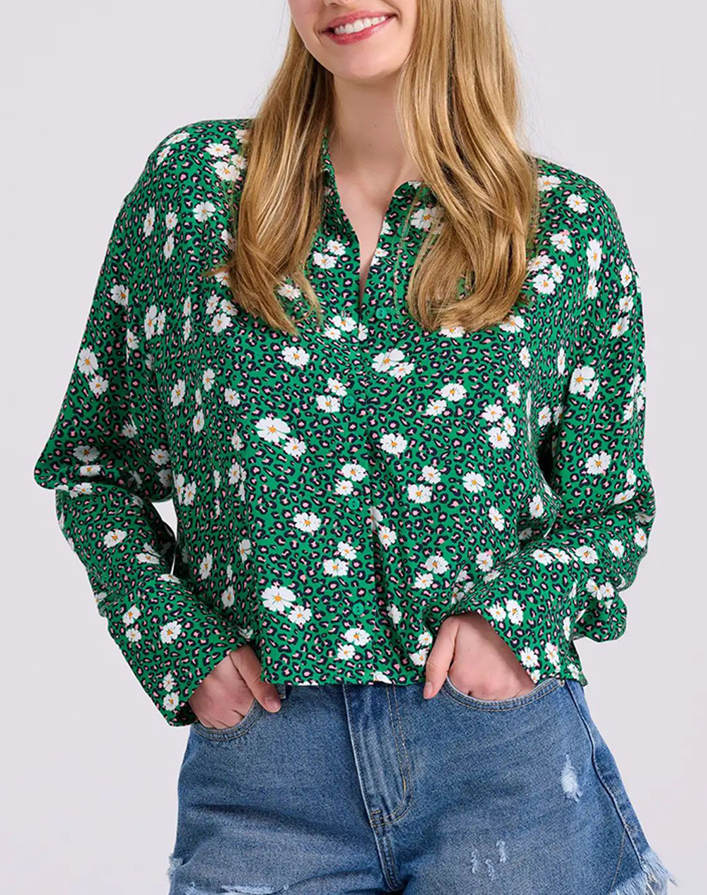FUNKY BUDDHA Γυναικείο loose fit πουκάμισο με all over τύπωμα FBL009-111-05-VIBRANT GREEN Green 3810TFUNK3200078_XR30135