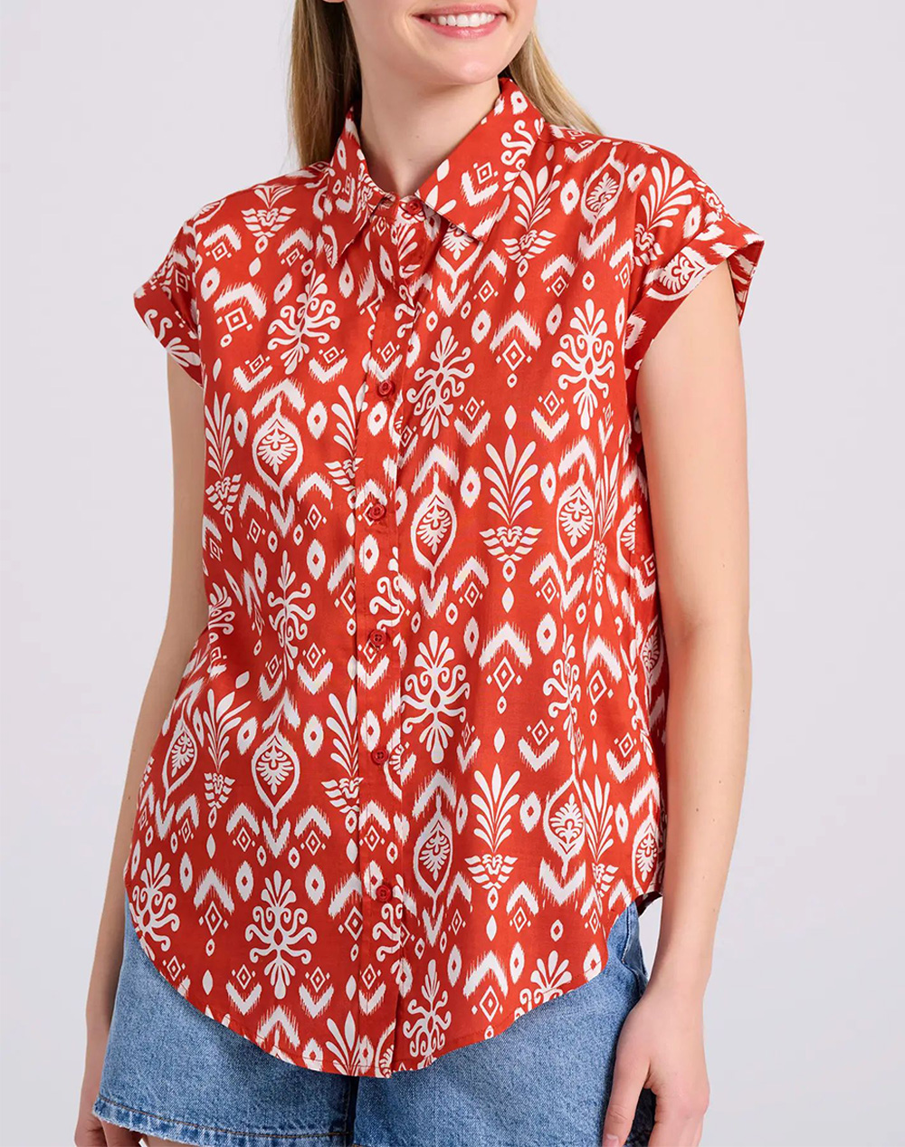 FUNKY BUDDHA Εμπριμέ πουκάμισο με τύπωμα σε boho look FBL009-124-05-RED ORANGE OrangeRed
