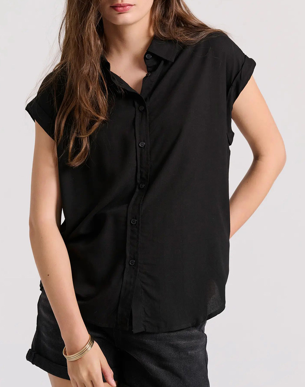 FUNKY BUDDHA Γυναικείο μονόχρωμο πουκάμισο από βισκόζη FBL009-100-05-BLACK Black