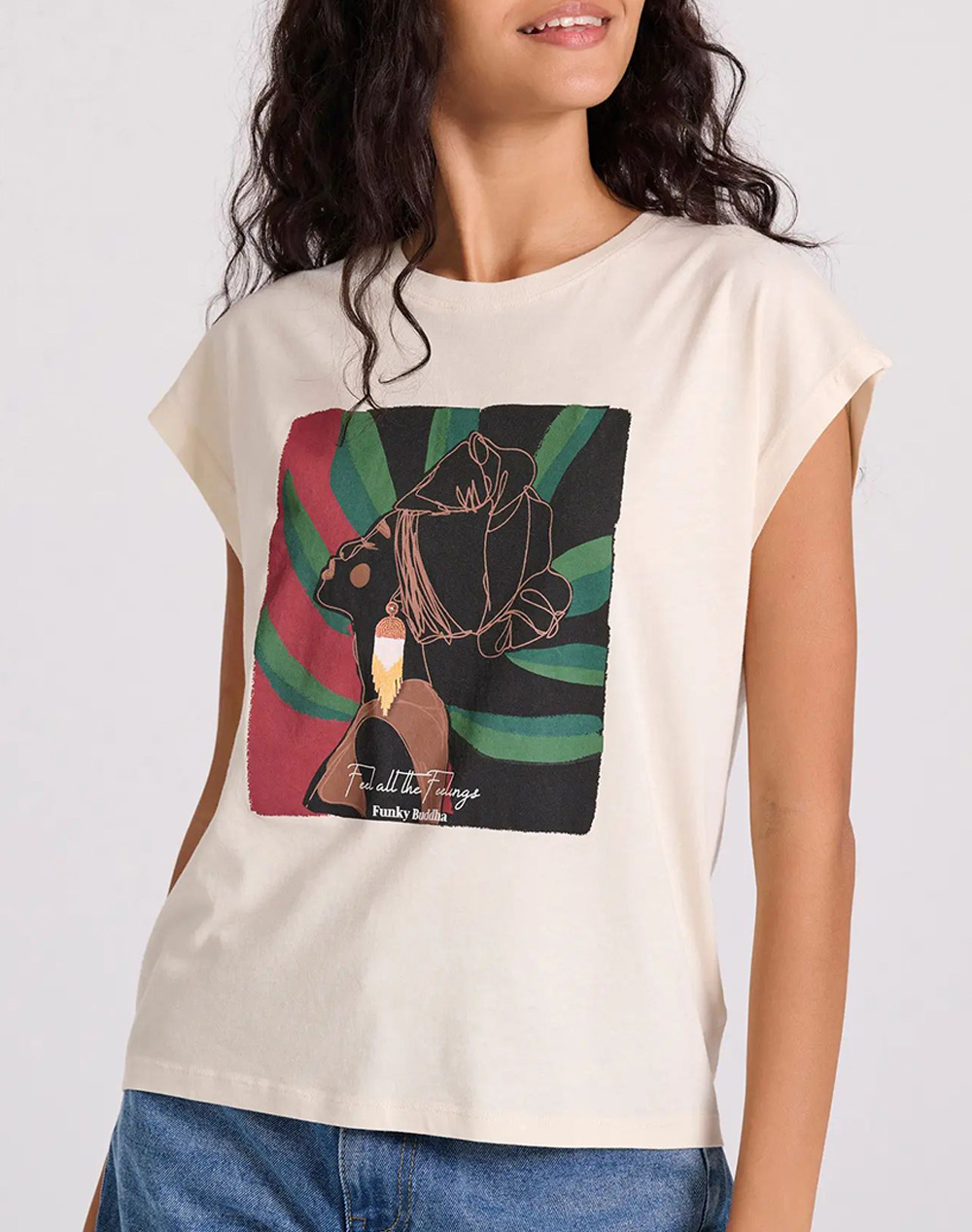 FUNKY BUDDHA Γυναικείο t-shirt με τύπωμα σε boho look FBL009-129-04-CHALK Ecru