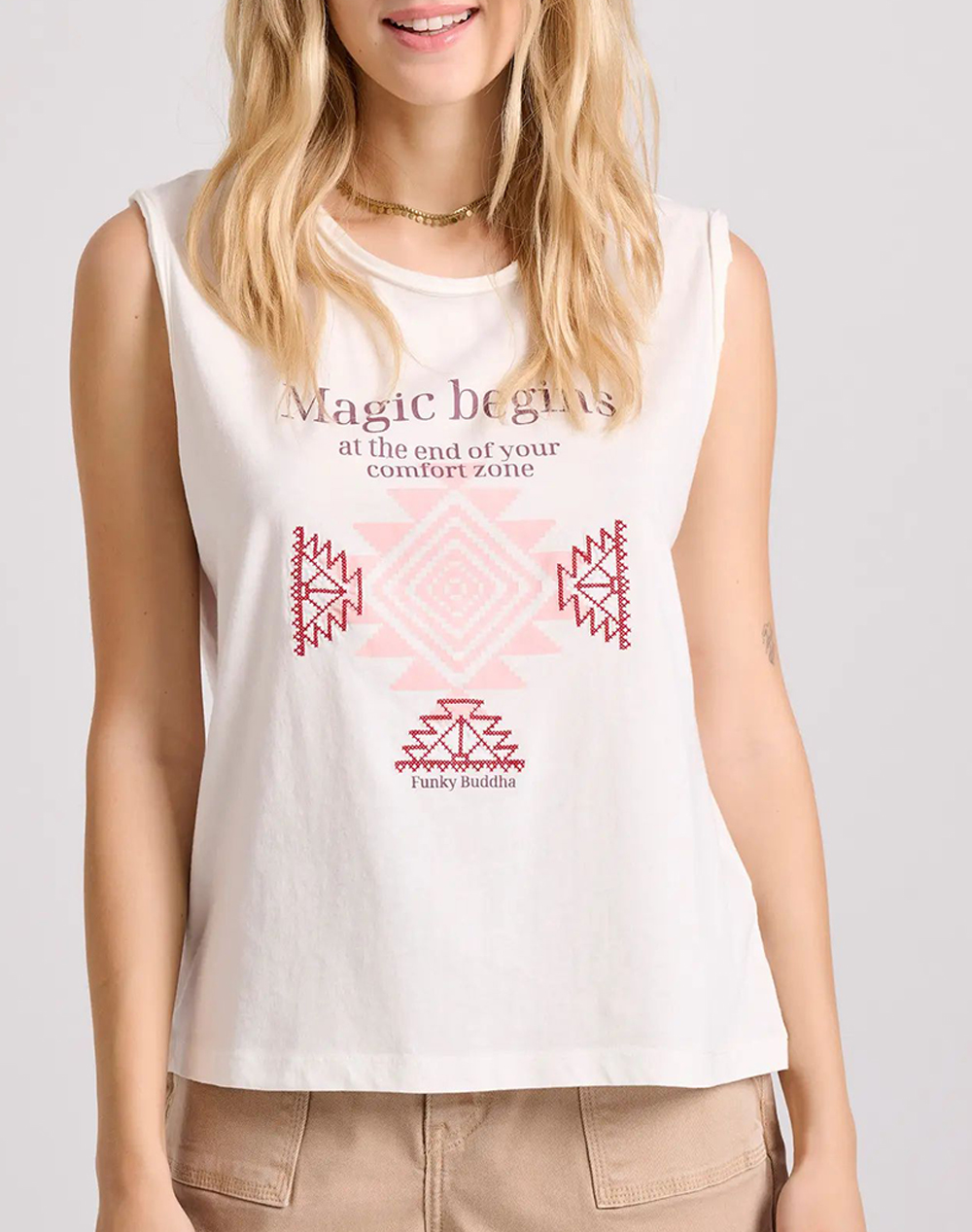 FUNKY BUDDHA Γυναικείο t-shirt με bohemian τύπωμα και raw cuts FBL009-133-04-OFF WHITE OffWhite 3810TFUNK3400221_XR30233