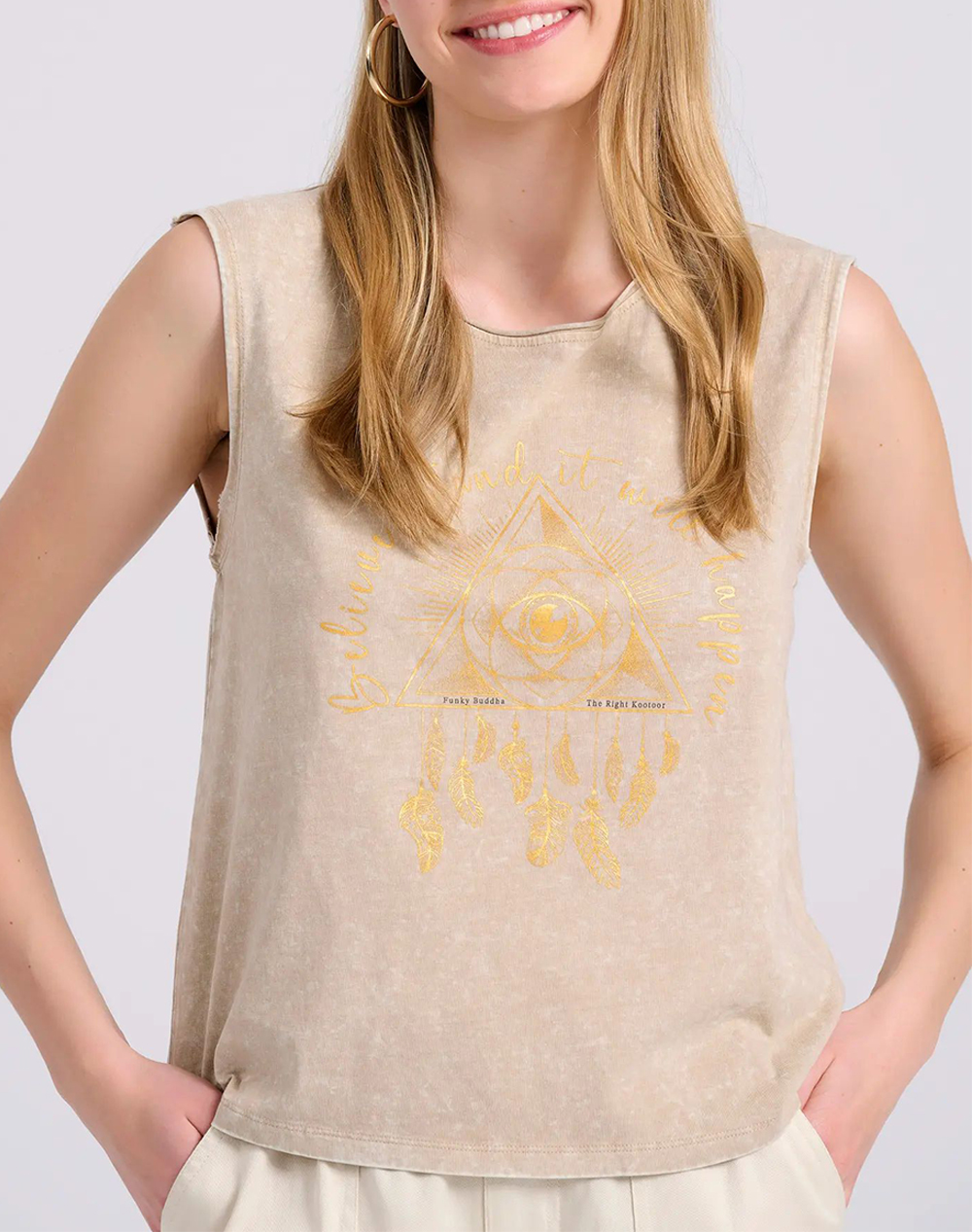 FUNKY BUDDHA Garment dyed αμάνικο t-shirt με boho τύπωμα FBL009-152-04-CHALK Ecru