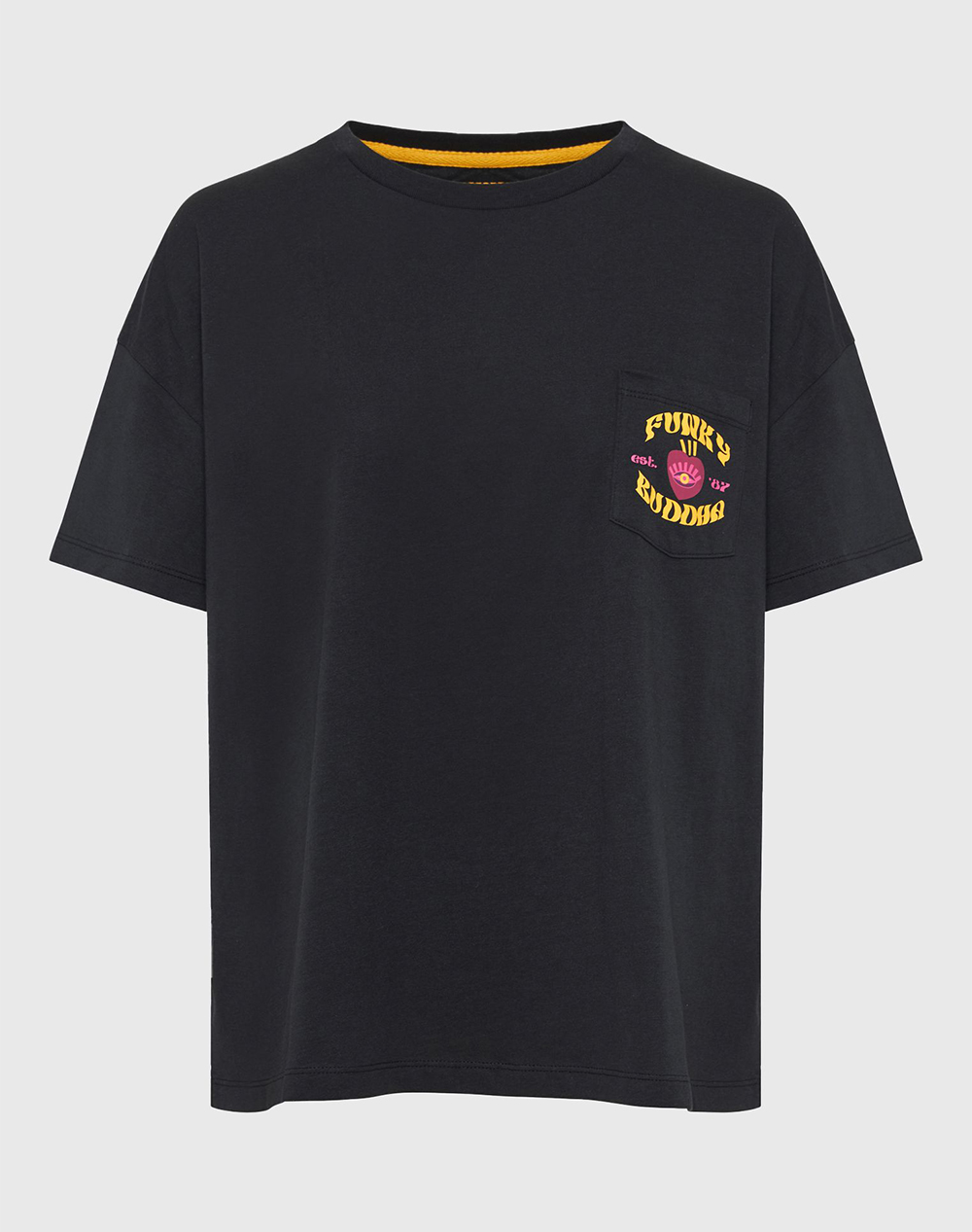 FUNKY BUDDHA Loose fit t-shirt με tropic τύπωμα στην πλάτη FBL009-166-04-BLACK Black