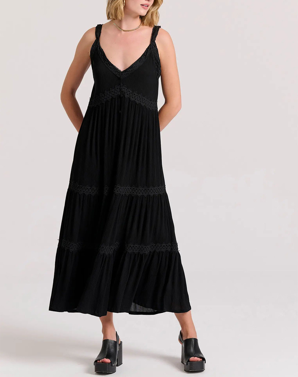 FUNKY BUDDHA Loose fit μάξι boho φόρεμα με δαντέλα και βολάν FBL009-119-13-BLACK Black