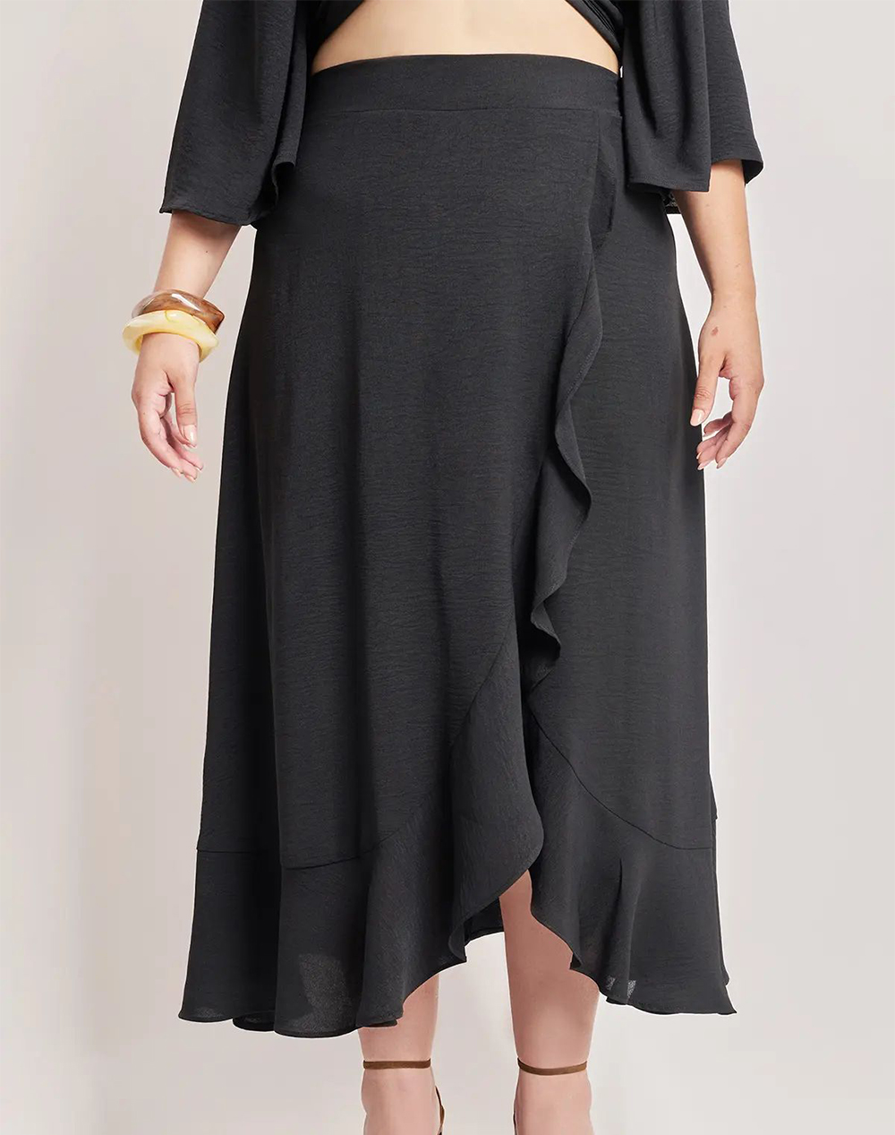 PARABITA Μάξι κρουαζέ φούστα με βολάν washed ανάγλυφο 012410305580-002 Black