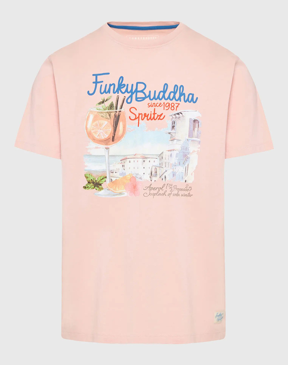 FUNKY BUDDHA T-shirt με vintage coctail τύπωμα FBM009-086-04-CORAL PINK Coral