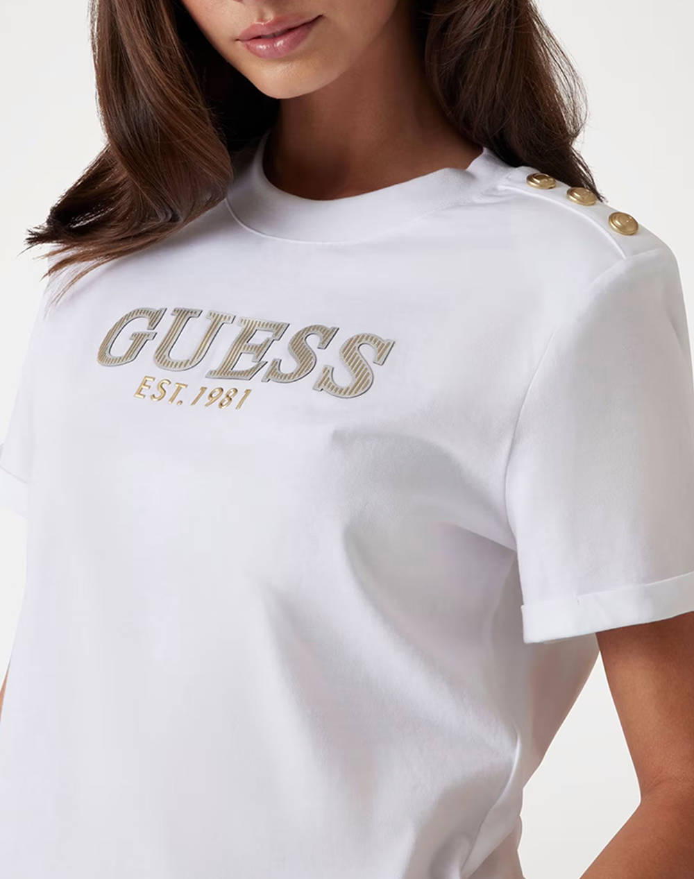 ゲス GUESS CN Ss l Logo Cropped Tee （JBLK） ゲス GUESS CN Ss Metal Logo Cropped Tee （JBLK