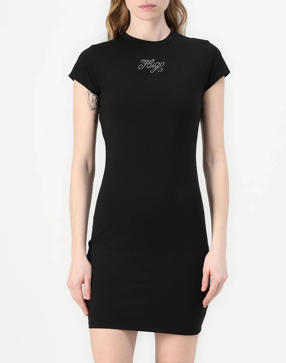 Hugo Γυναικείο Mini Φόρεμα Κοντομάνικο Μαύρο Βαμβάκι Ελαστάνη